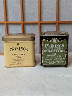 Vintage TWININGS of London GUNPOWDER GREEN Tea Tin Box + Earl Grey Tin English